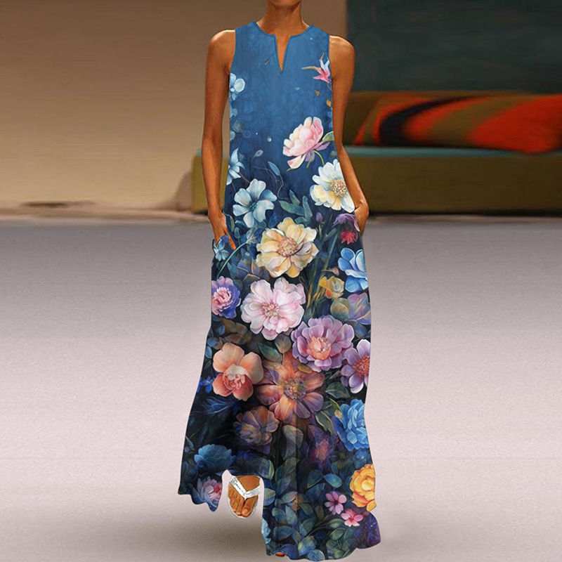 Thumbnail: Abstract Floral Maxi Dress – Artistic Sleeveless Boho Gown with Pockets