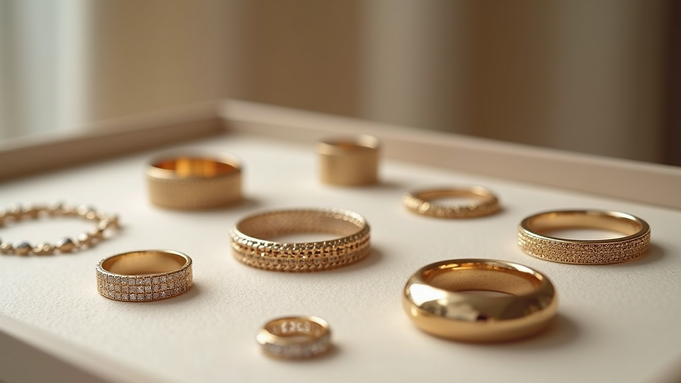 Eye-level view of a minimalist jewelry display with rings and bracelets