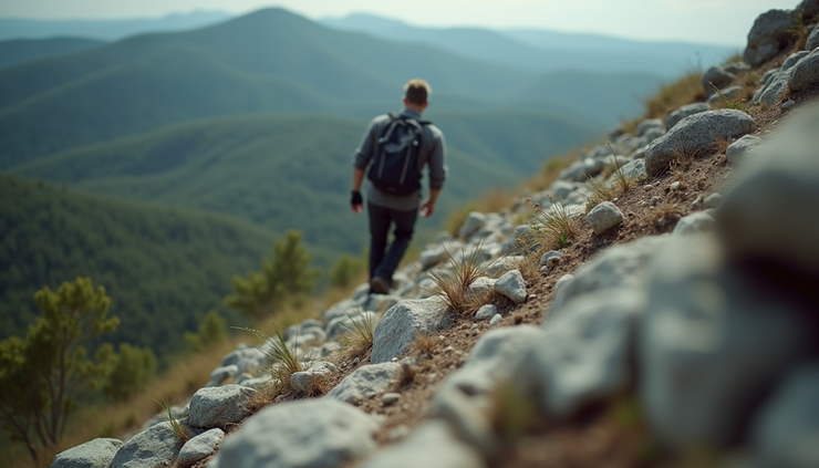 Close-up of a person climbing a steep rocky hill with determination