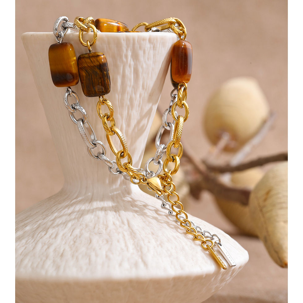 Thumbnail: Elegant Stainless Steel Natural Tiger Eye Gemstone Bracelet Bangle