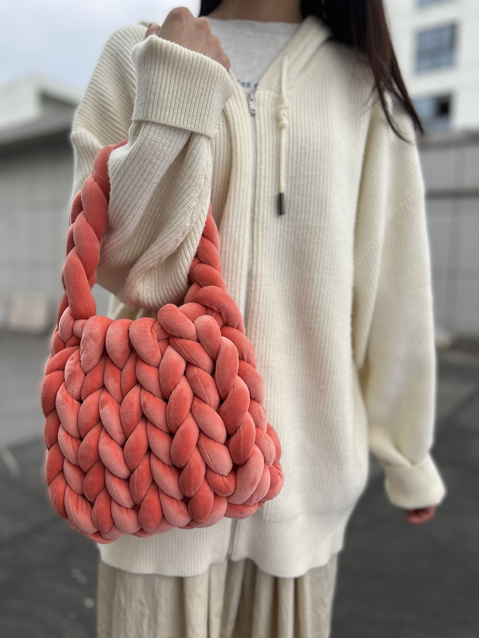 Thumbnail: Hand-Woven Velvet Chunky Yarn Tote Bag | Soft Crystal Velvet Knot Shoulder Bag