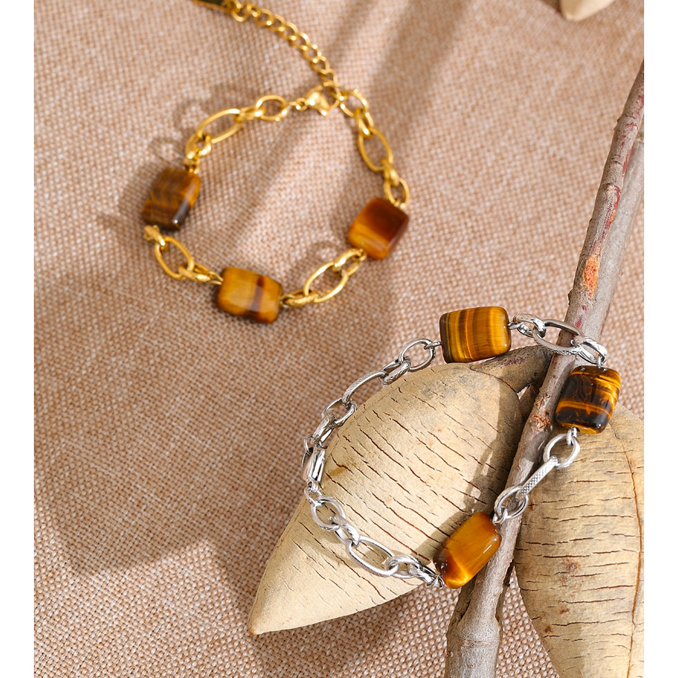 Thumbnail: Elegant Stainless Steel Natural Tiger Eye Gemstone Bracelet Bangle