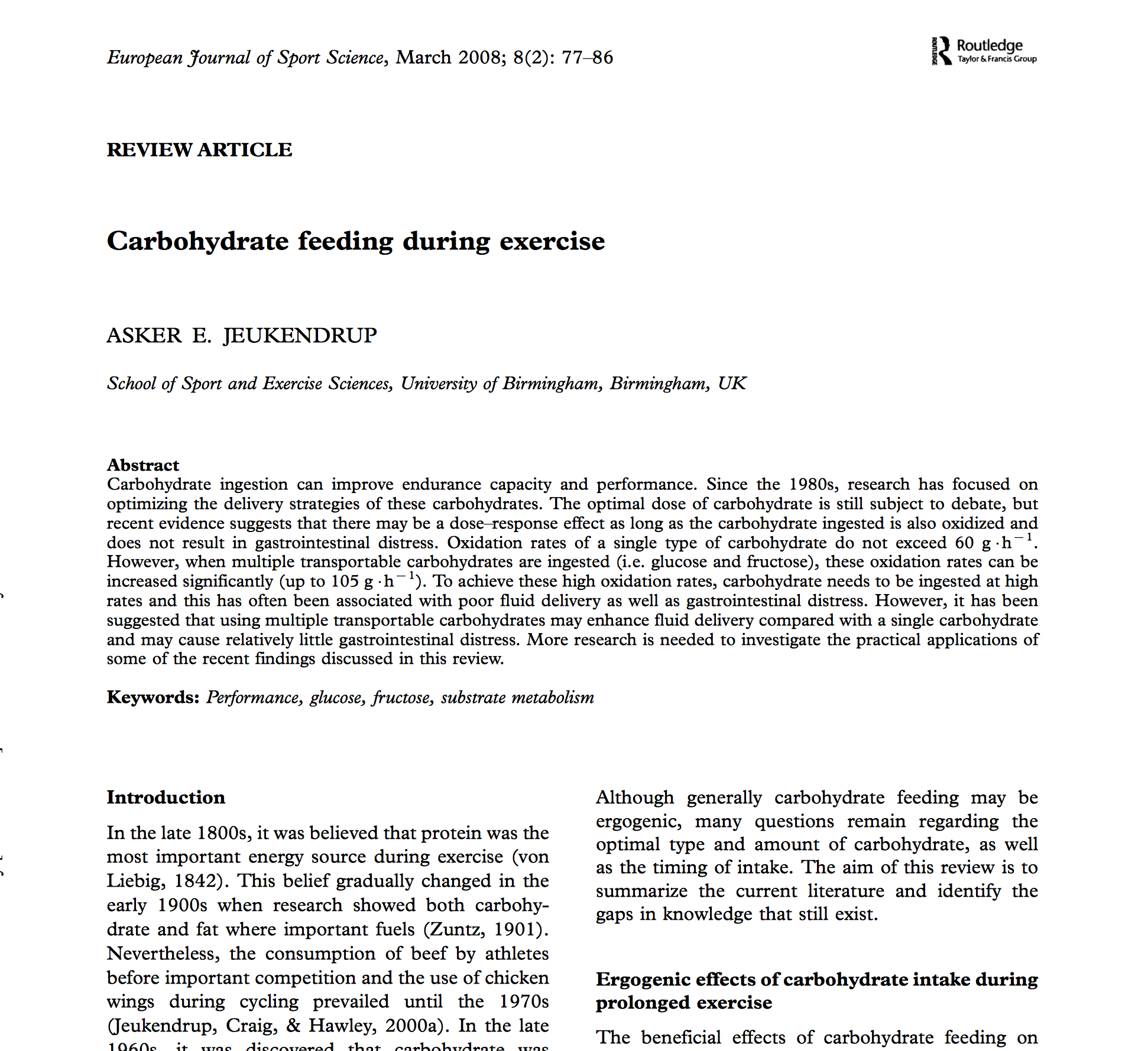 Carbohydrate during exercise