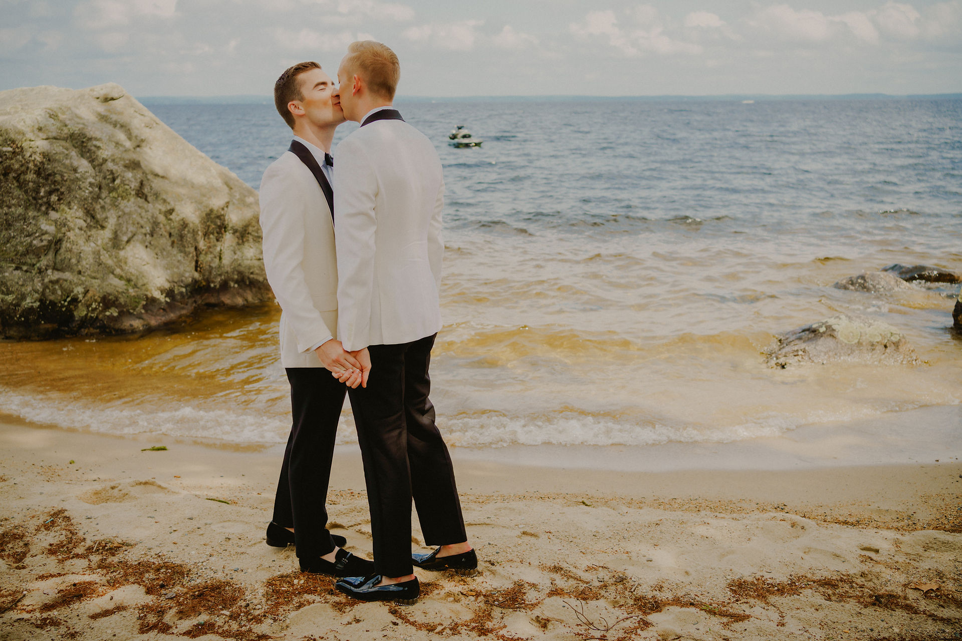 gay wedding first look on Sebago Lake in Maine