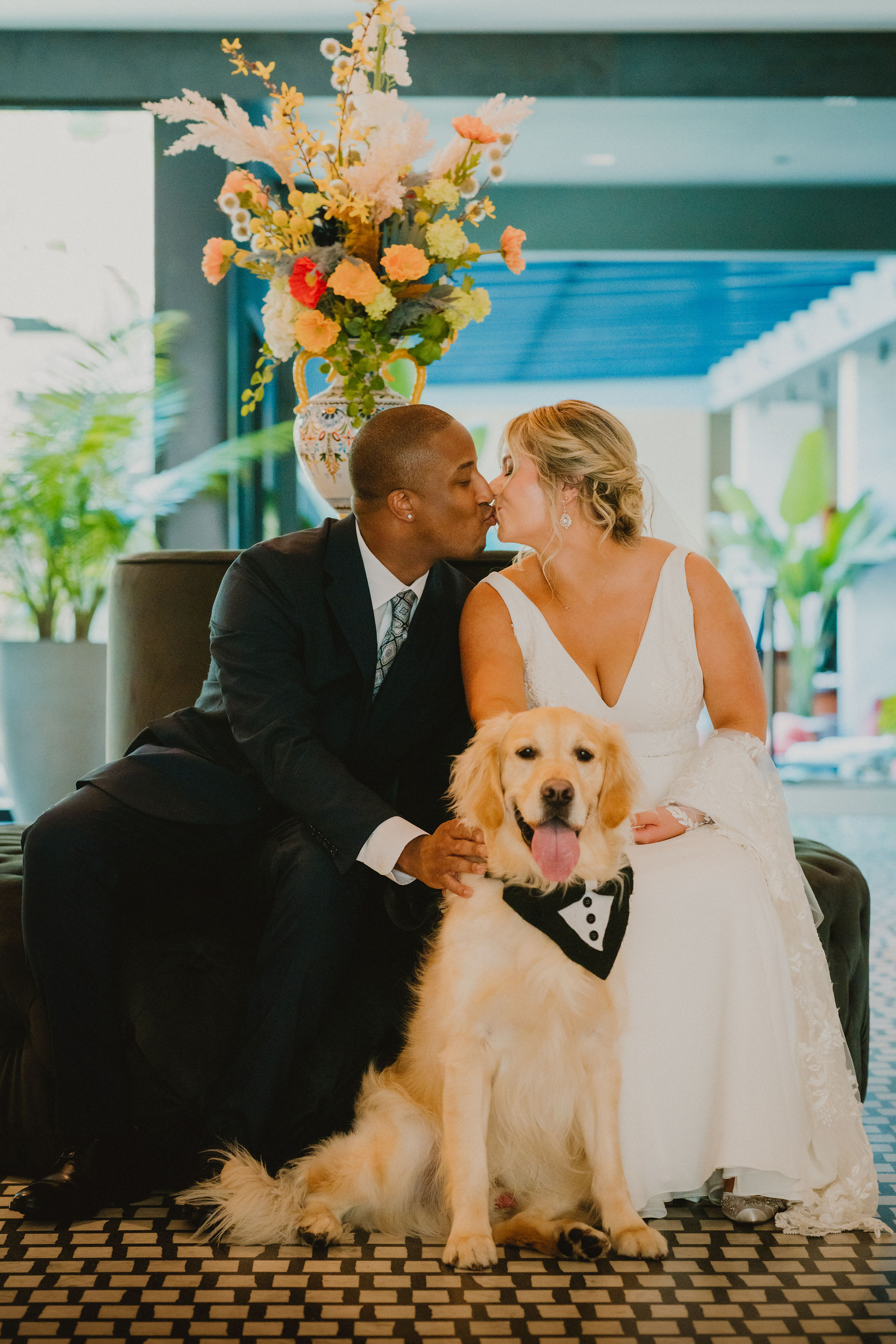 bride and groom texting while their dog sits between them