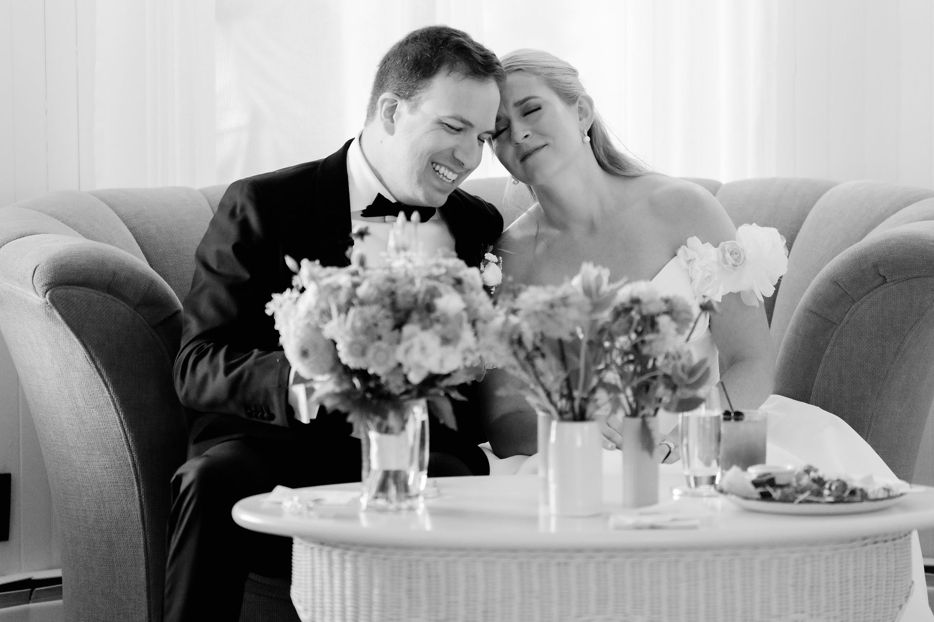 photojournalistic wedding photo of bride and groom after the wedding ceremony at grey havens inn in georgetown, maine