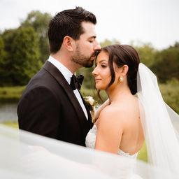 Groom kissing a brides forehead while the brides veil blows towards the camera at their wedding in New England