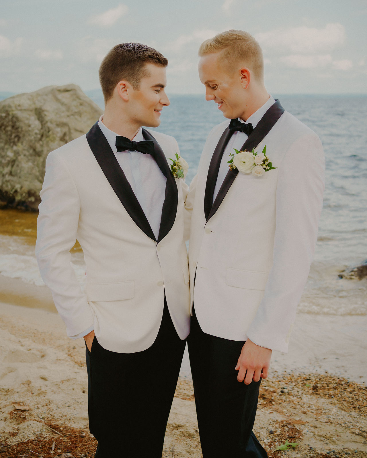 gay wedding first look on Sebago Lake in Maine