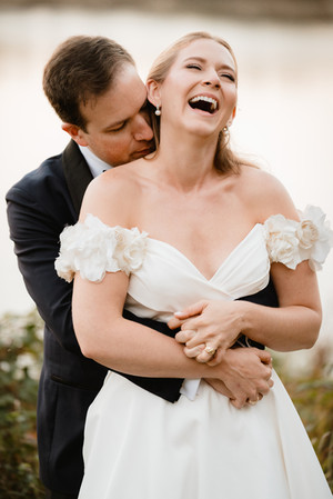 wedding portrait of the bride and groom at grey havens inn in georgetown, maine