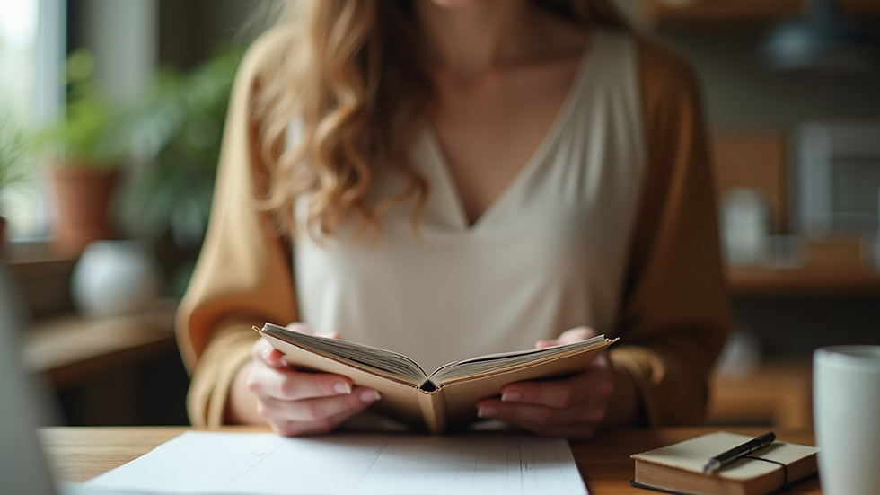 Eye-level view of a woman holding a recycled paper notebook in a cozy workspace