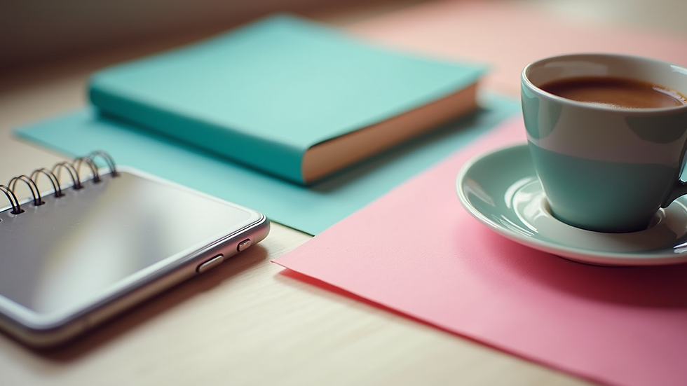 Close-up view of a colorful flat lay with a notebook, phone, and coffee cup