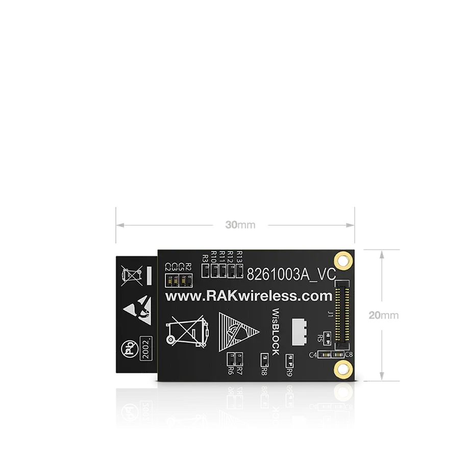 Thumbnail: WisBlock WiFi & BLE Core Module RAK11200 with rear interface dimensions displayed for mounting reference.