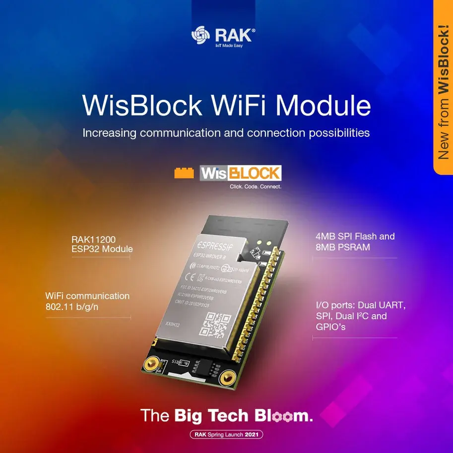 Thumbnail: Marketing graphic for WisBlock WiFi Module RAK11200 showing ESP32-WROVER module features and specifications.