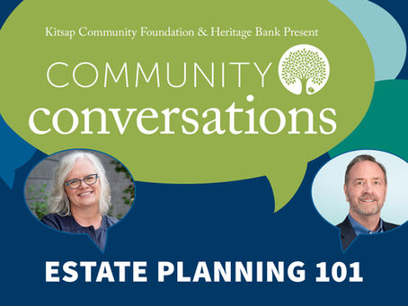 Poster for Community Conversations: Estate Planning 101, with two speaker headshots and Kitsap Community Foundation & Heritage Bank text.