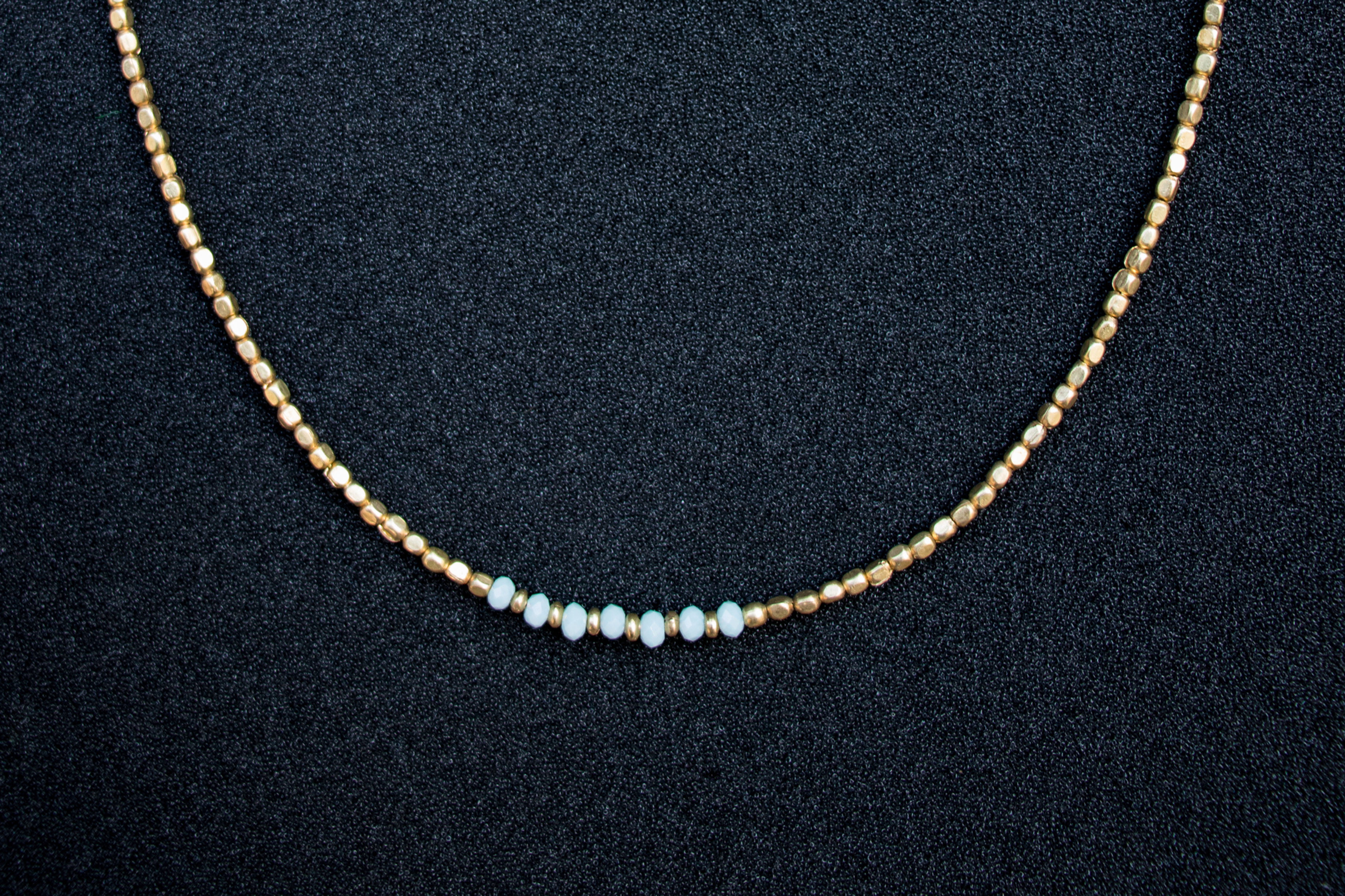Seed Necklace with glass beads, turquoise, brass
