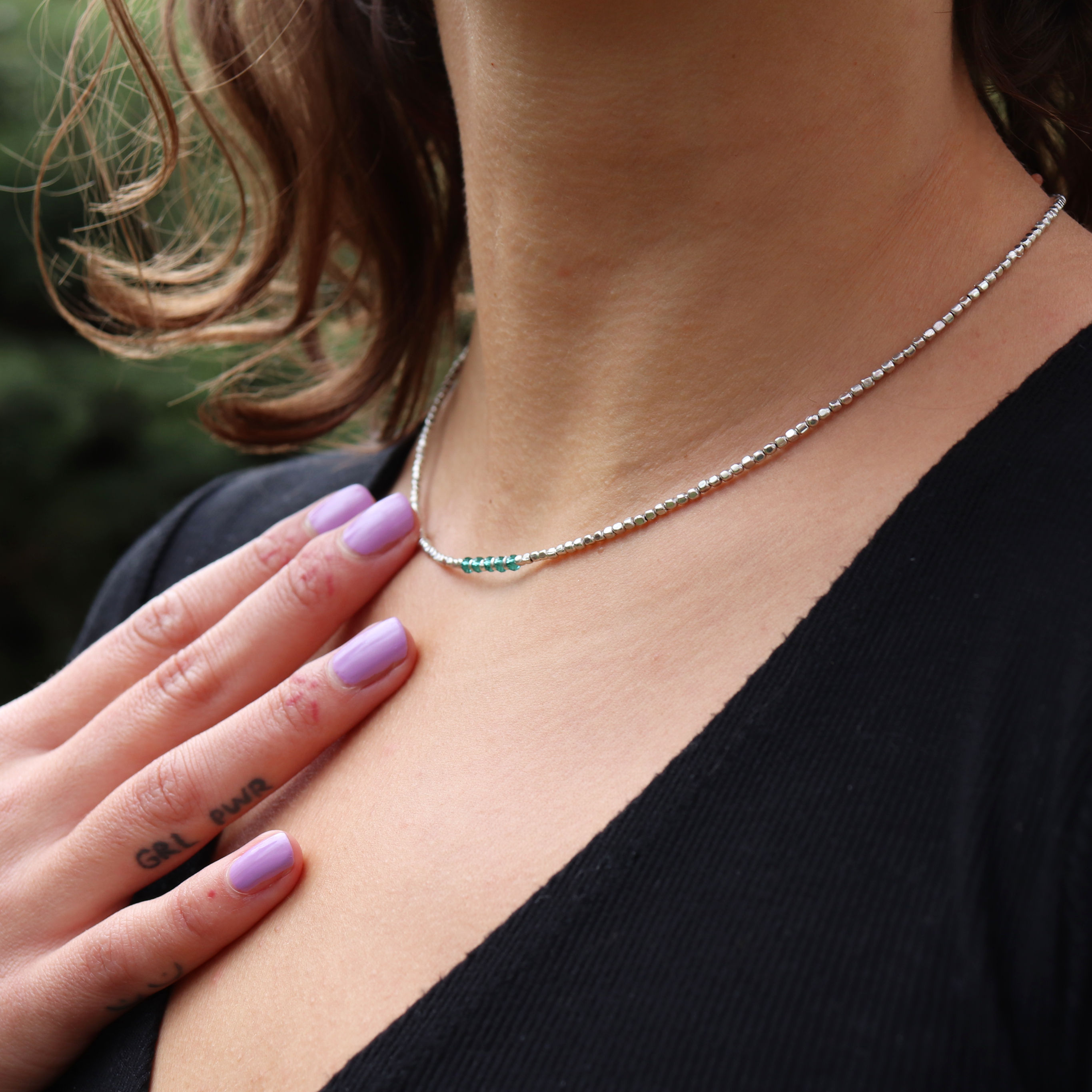 Seed Necklace with glass beads - green, silver-plated brass