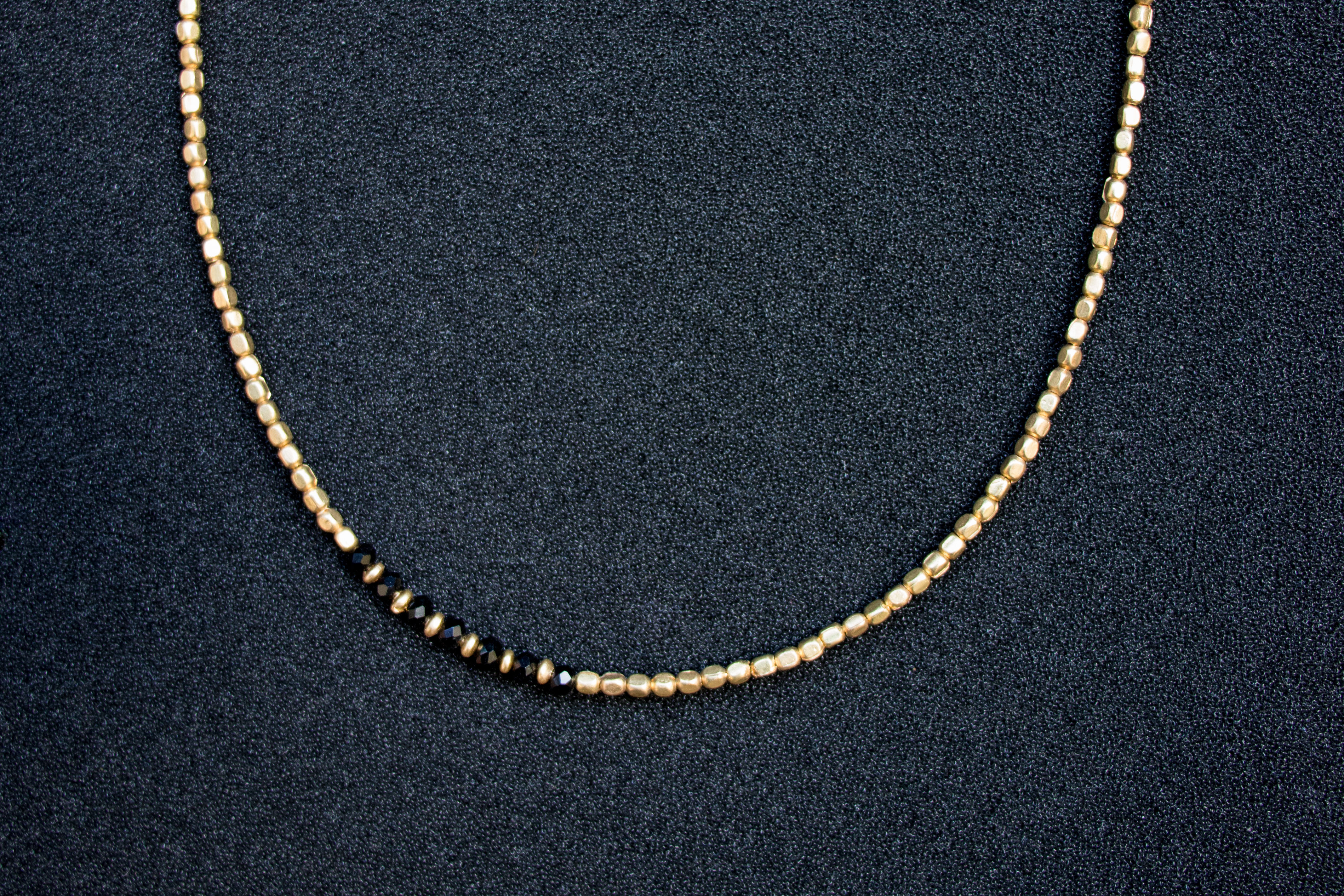 Seed Necklace with glass beads, black, brass