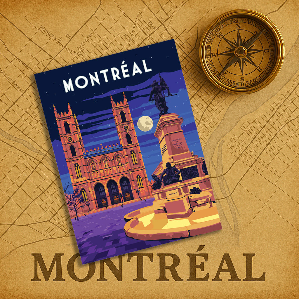 Wood magnet illustration of Montreal’s Notre-Dame Basilica and Place d’Armes monument at twilight with a glowing moon, deep b