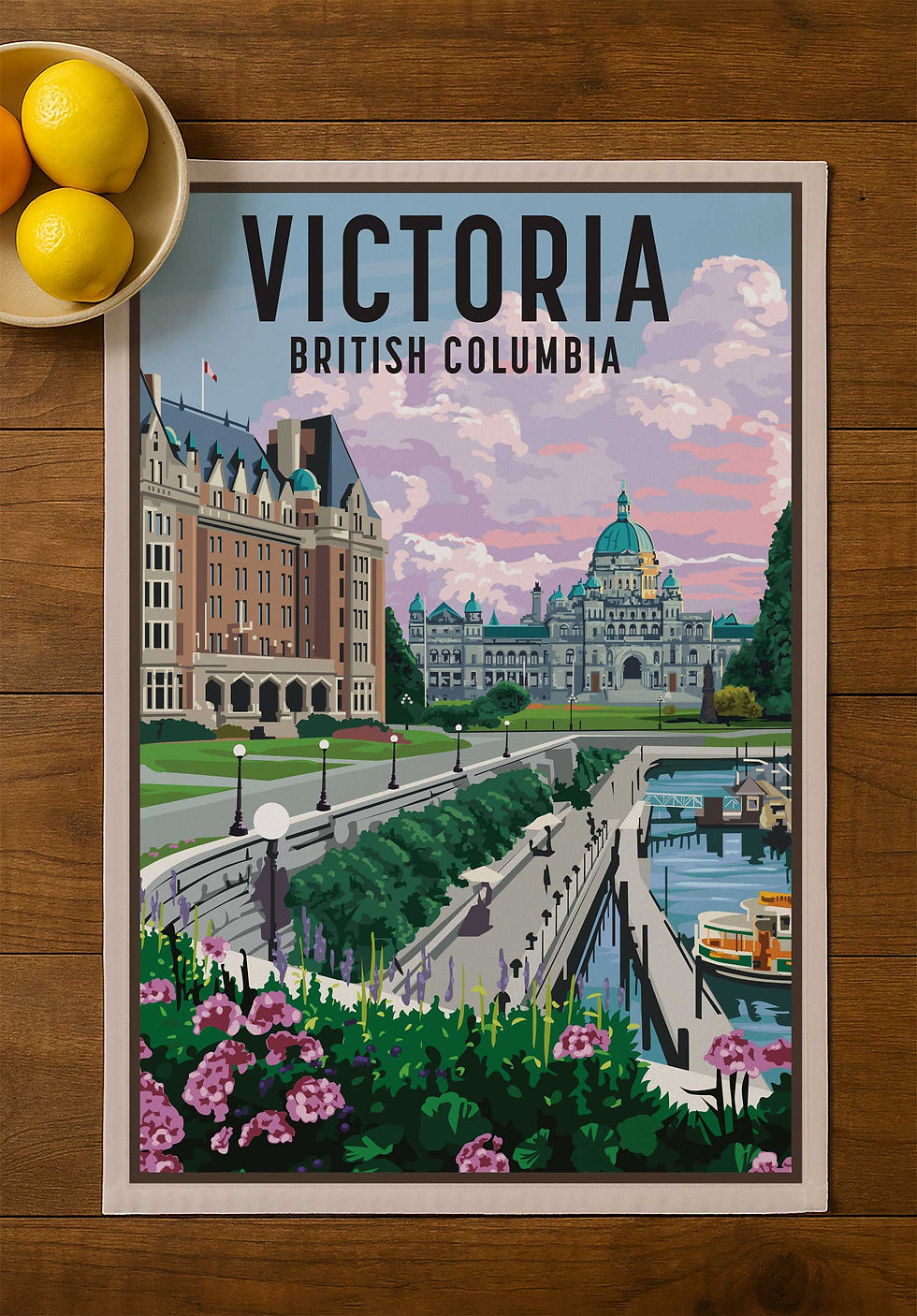 Victoria British Columbia tea towel featuring Inner Harbour, Parliament Buildings, waterfront walkway, and marina