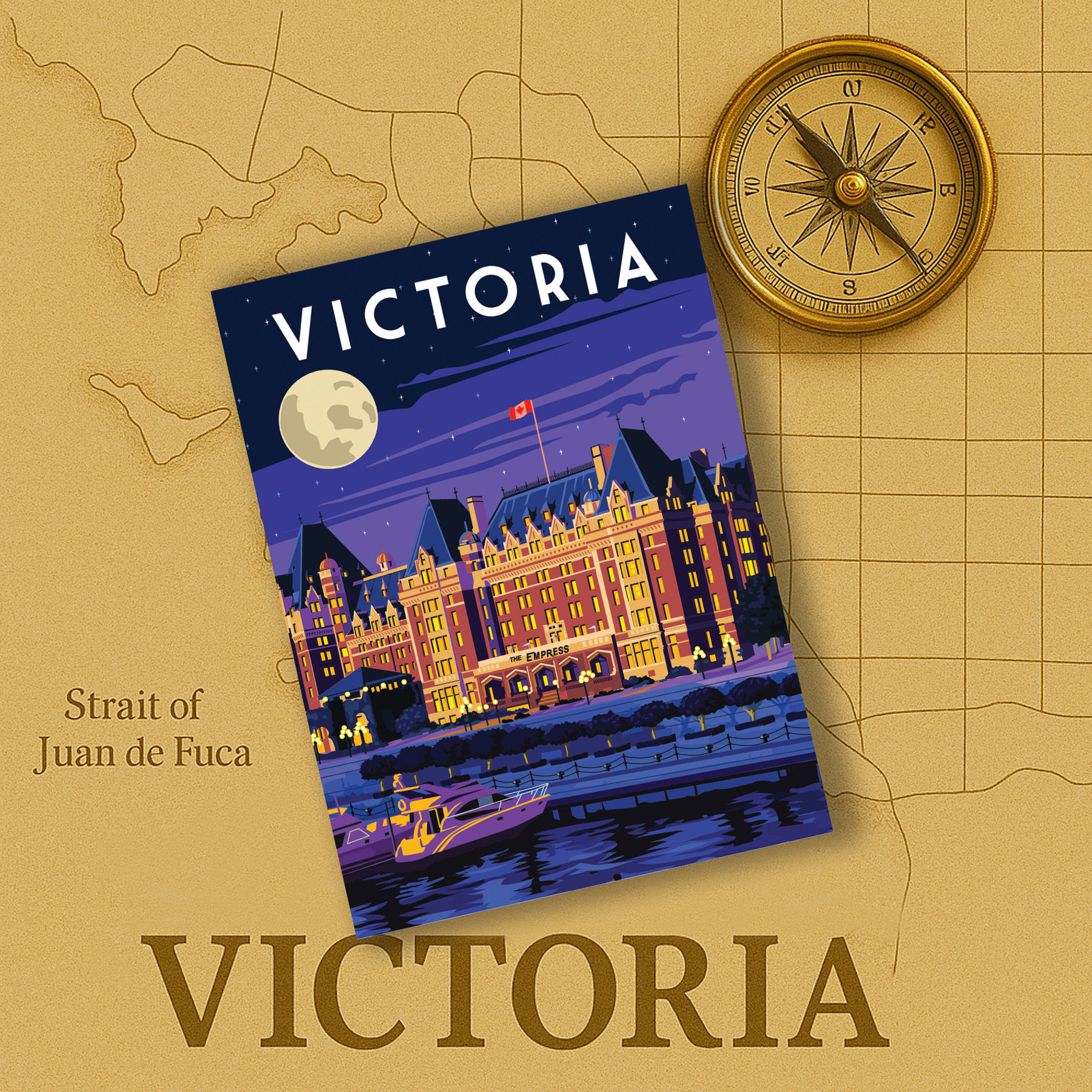 Illustrated wood magnet of Victoria’s Empress Hotel at twilight with glowing windows, a Canadian flag, and yachts on the harb