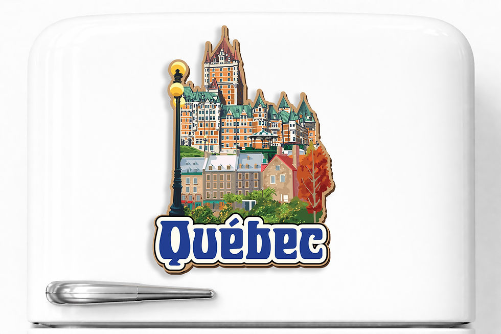 Québec City laser cut wood magnet featuring Château Frontenac and historic Old Québec