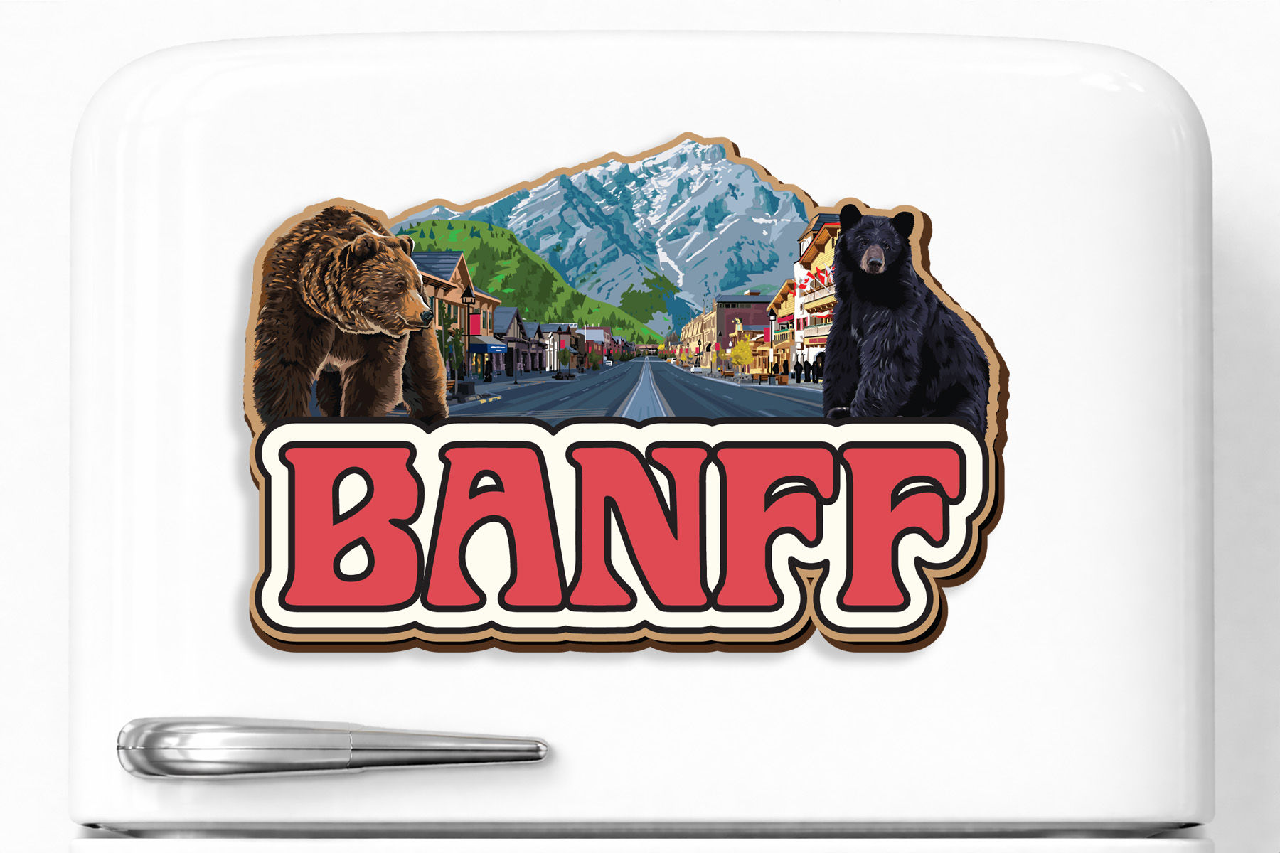 Banff Avenue laser cut wood magnet with mountain street scene and bears