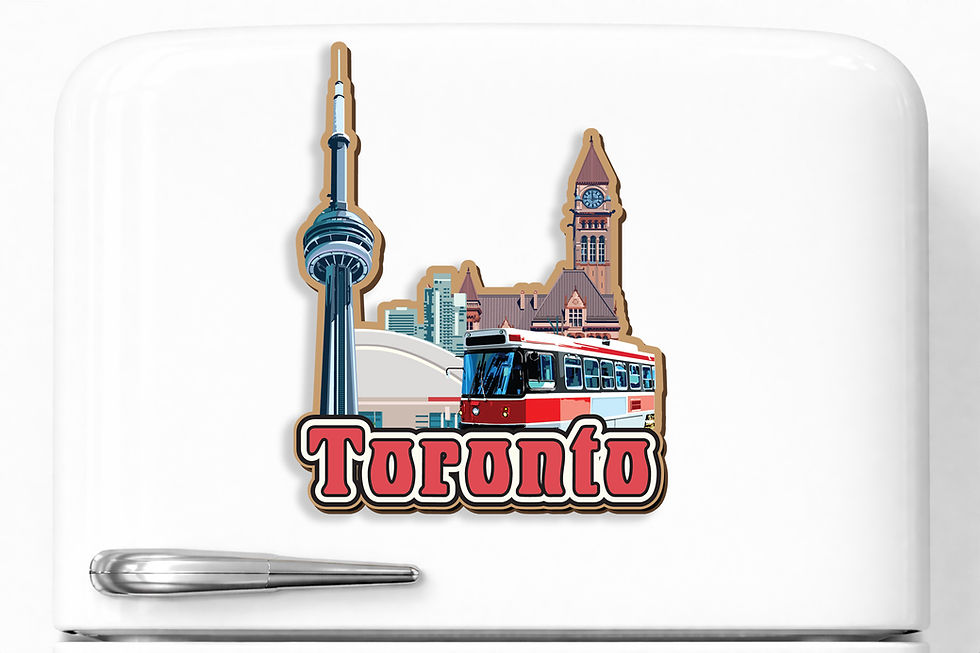 Toronto 2D laser-cut wood magnet featuring CN Tower and city landmarks