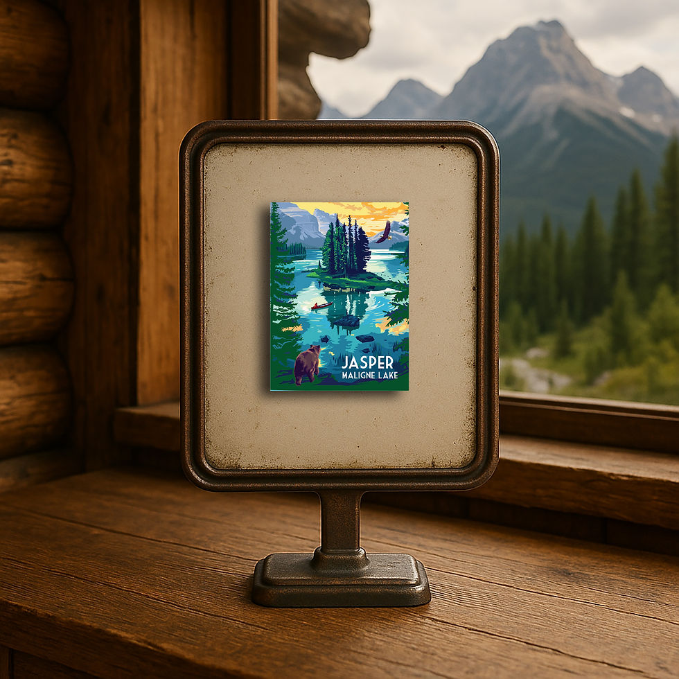 Thumbnail: Jasper wood magnet featuring Maligne Lake, a canoe, bear, eagle, and forested island
