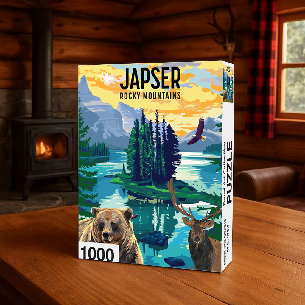 Jasper Rocky Mountains 1000-piece puzzle featuring alpine lake, forest island, bear, elk, and eagle