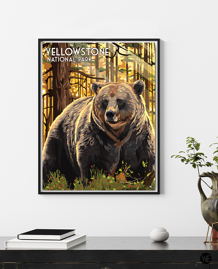 Thumbnail: Framed Yellowstone National Park grizzly bear poster featuring a powerful bear standing in a sunlit forest. Warm golden light