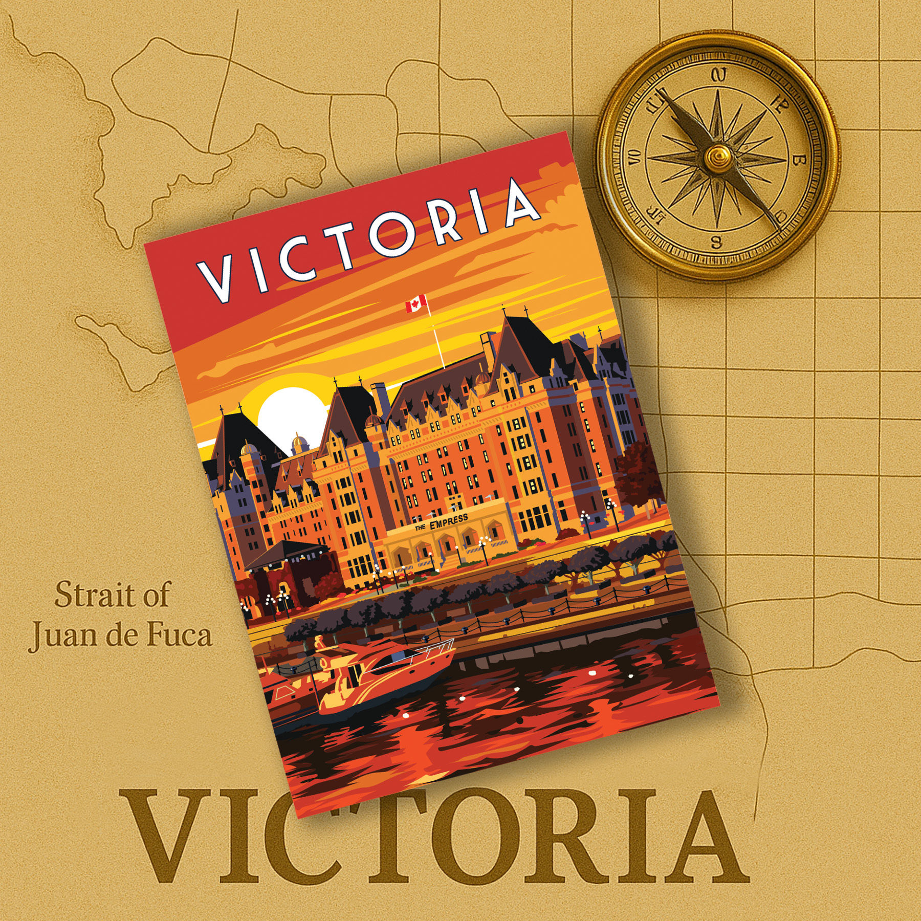 Wood magnet of the Empress Hotel at sunrise in Victoria, British Columbia