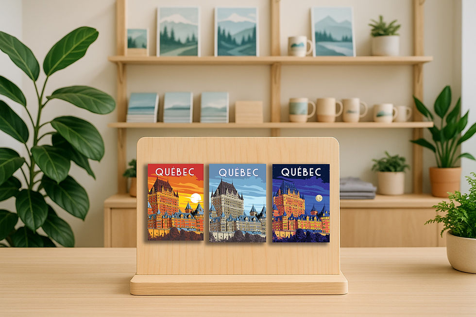 Thumbnail: Wood magnet illustration of Château Frontenac in Québec City at twilight, with glowing windows, a starry sky, and full moon i