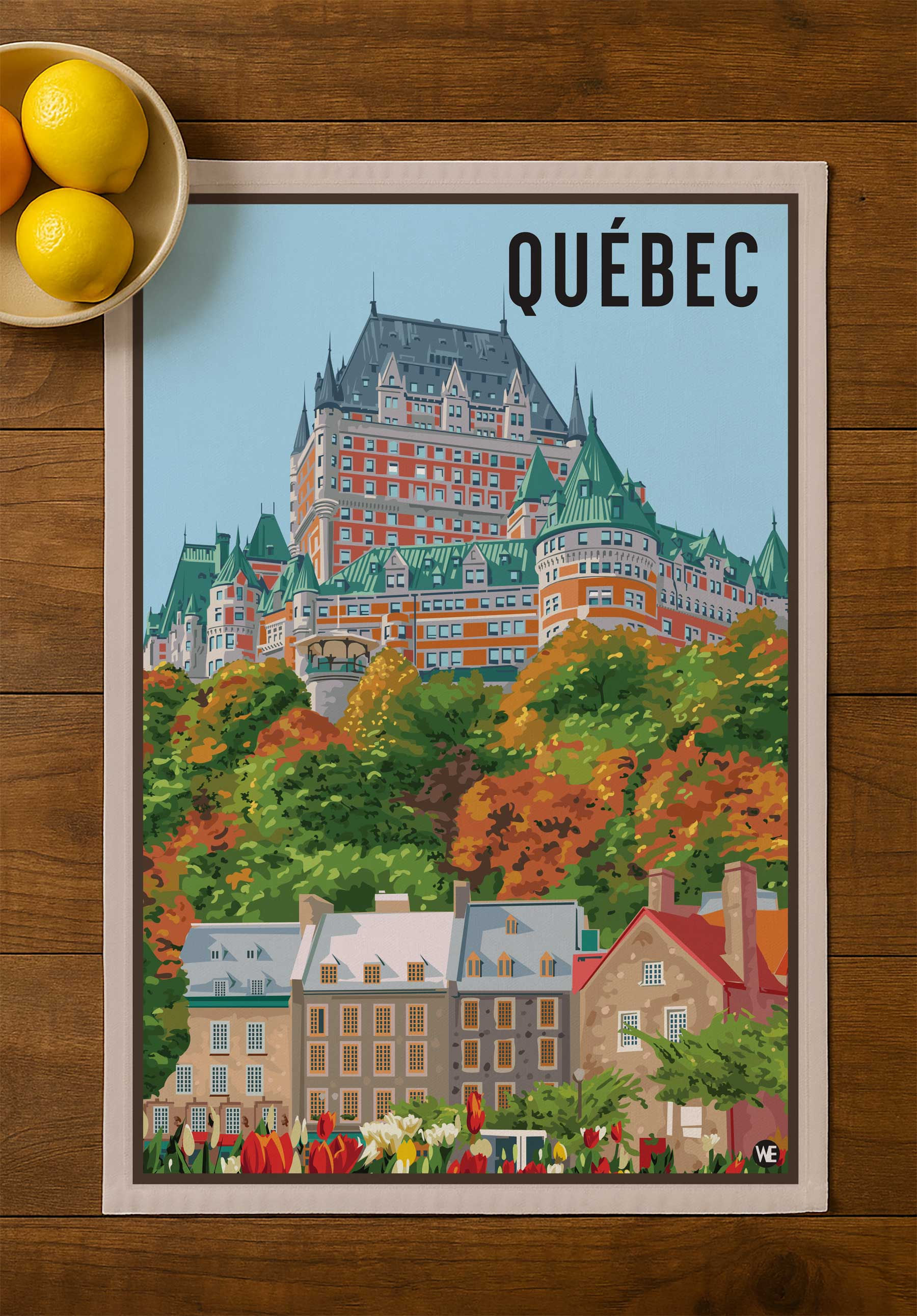 Québec City tea towel featuring Château Frontenac, Old Québec buildings, autumn foliage, and historic architecture