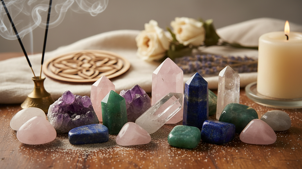 Close-up view of colorful healing crystals arranged on a wooden surface