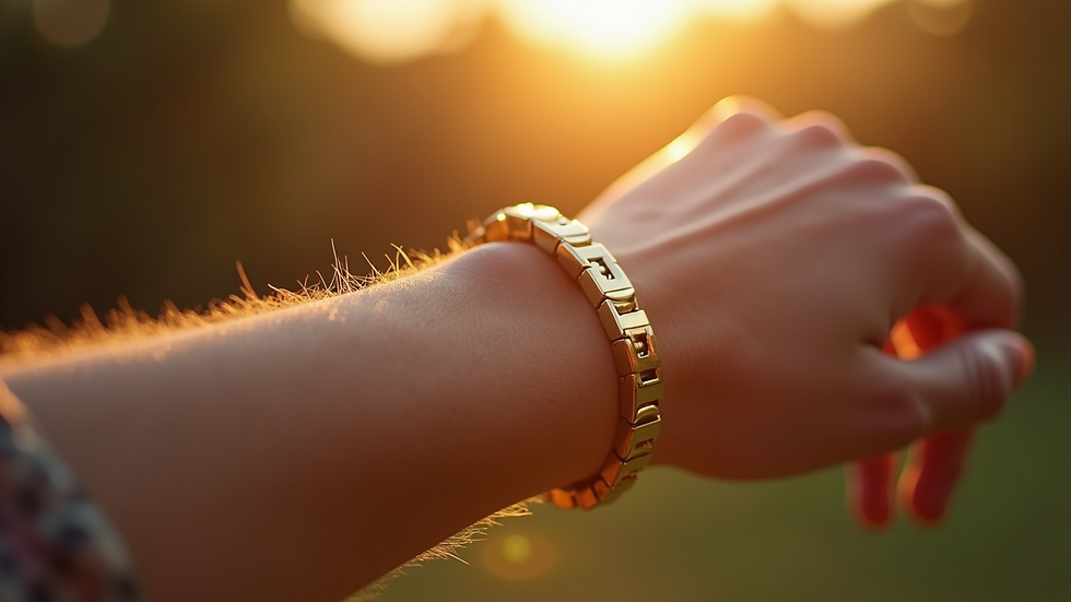 Close-up view of a person wearing a money magnet bracelet with sunlight shining on it