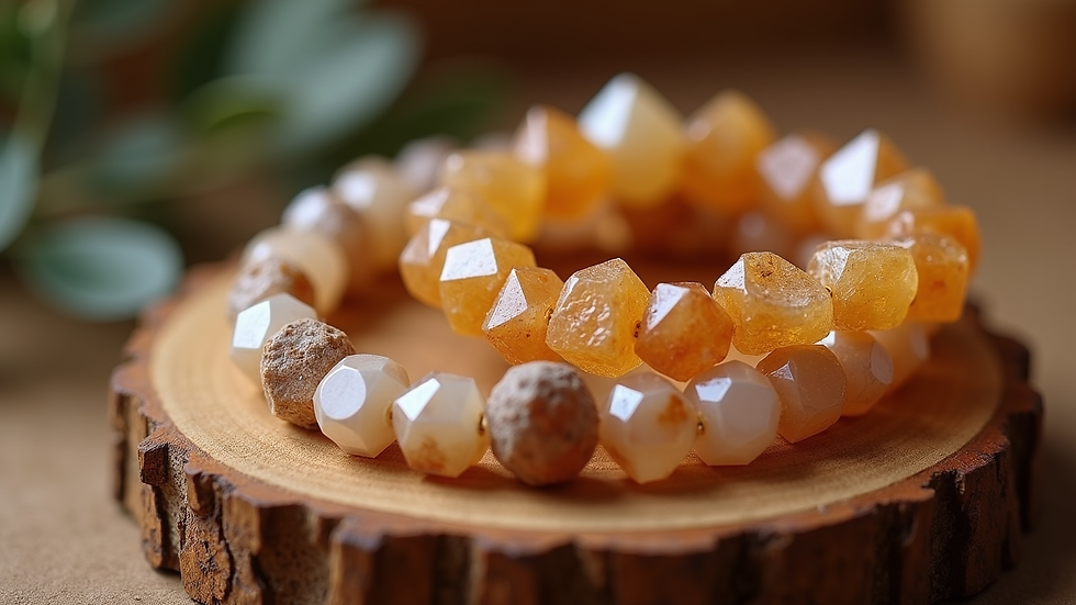 Eye-level view of a collection of prosperity crystal bracelets displayed on a wooden stand