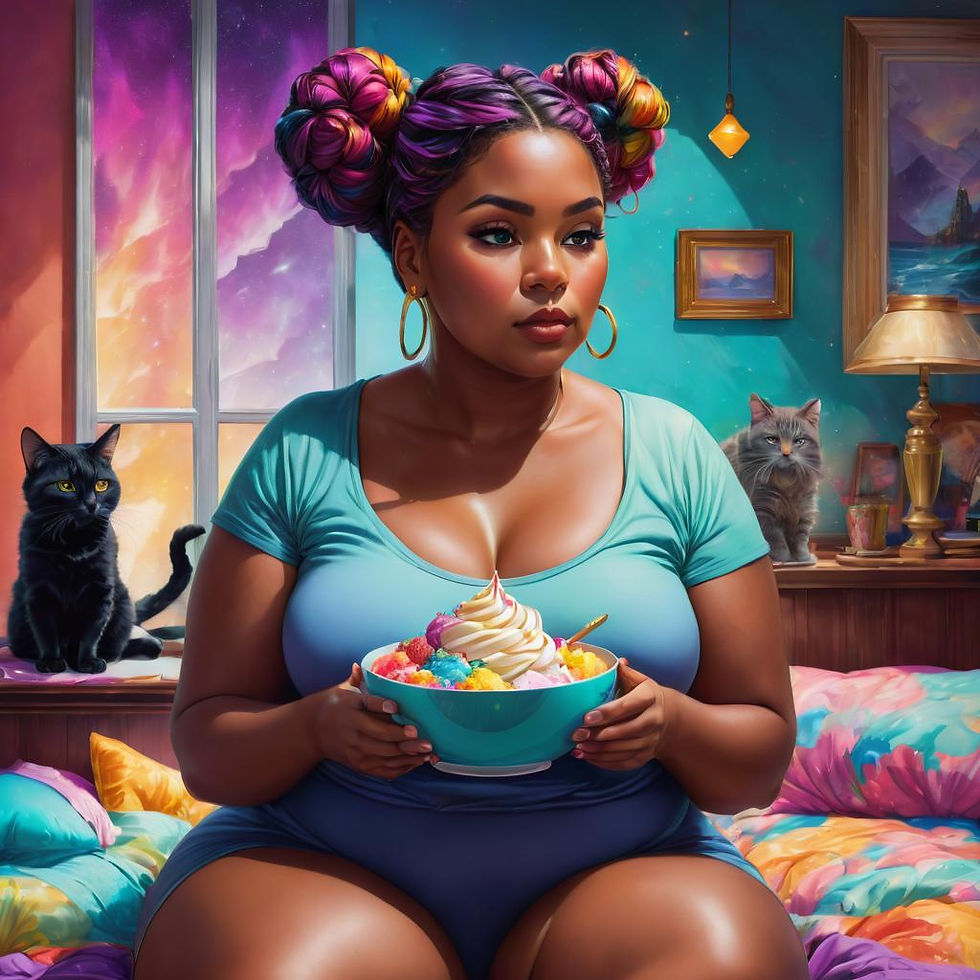 Plus sized black woman sitting & eating ice cream with cats in the background