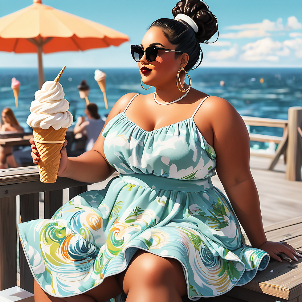 Woman Eating Ice Cream on Boardwalk