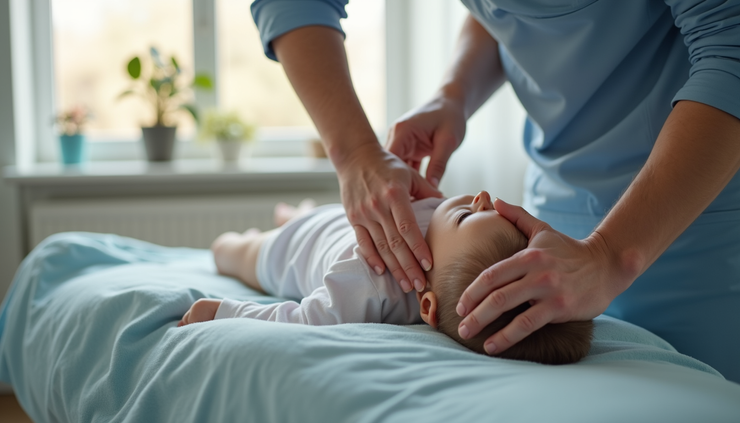 Eye-level view of a chiropractor gently adjusting a young child’s spine in a bright clinic room
