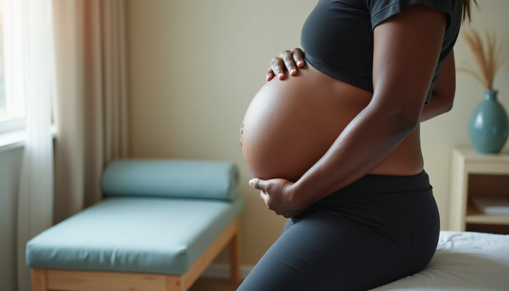 Eye-level view of a pregnant Black woman receiving gentle prenatal chiropractic adjustment