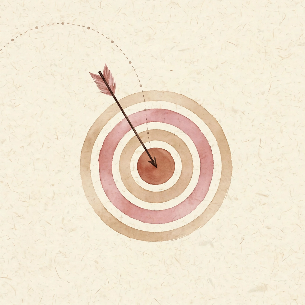 Watercolor illustration of an arrow striking the center of a target in warm terracotta and blush tones, symbolizing focused marketing strategy.
