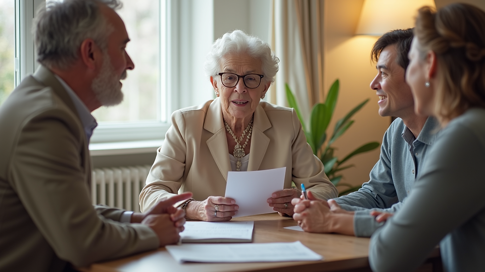 Eye-level view of a Senior Housing and Care Advisor meeting with a family, explaining care options