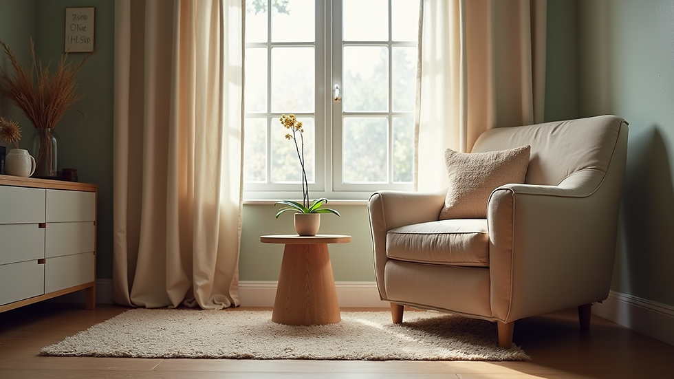 Eye-level view of a cozy living room with a comfortable armchair and a small side table