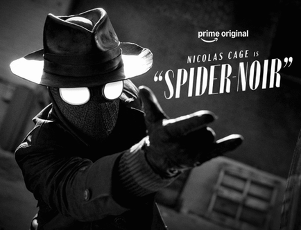 Nicolas Cage as Spider-Noir wearing a dark fedora and mask with glowing white eyes, reaching a gloved hand toward the camera in a dark alley.