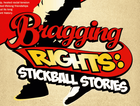 Graphic for Bragging Rights Stickball Stories film screening at Bronx Music Hall on May 26 featuring a stylized silhouette of a ball player.