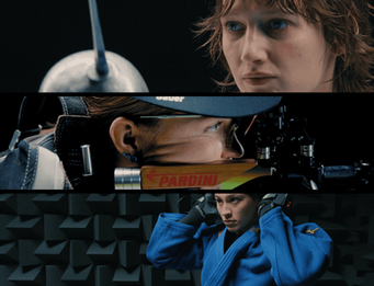 Cast of Agon (Top to Bottom)- Yile Yara Vianello as Giovanna Falconetti, with brown hair and a look of intense focus next to a fencing foil. Sofija Zobina as Alex Sokolov, wearing a Sauer hat and aiming a Pardini rifle. Alice Bellandi as herself in Agon, wearing a blue judo gi and black gloves.