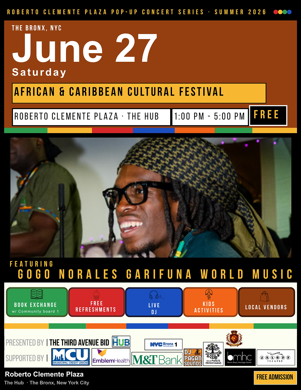 Promotional graphic for the African & Caribbean Cultural Festival at Roberto Clemente Plaza in The Bronx. The image features Garifuna musician Gogo Norales performing with a microphone against a colorful background. Event details highlight live music, a book exchange, family activities, local vendors, and refreshments.