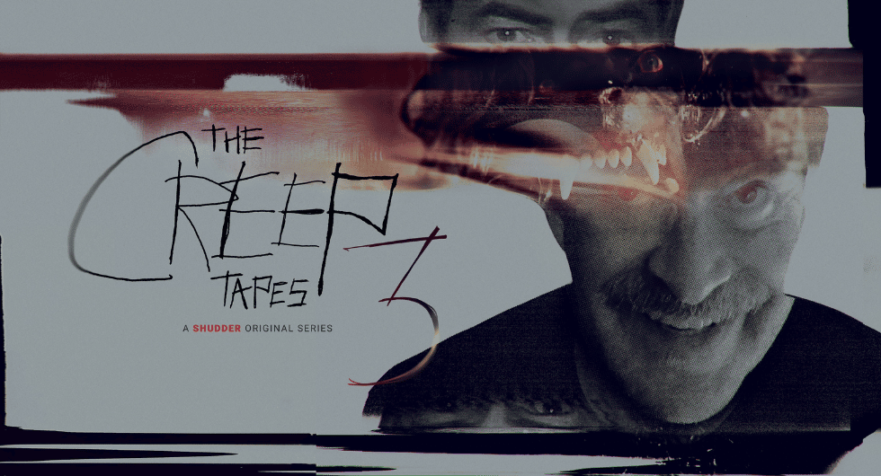 Mark Duplass as the killer stares through layered, distorted images beside The Creep Tapes Season 3 title in Shudder artwork.