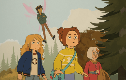 Sabrina Grimm, Daphne Grimm and Relda look ahead in a forest as Puck hovers behind them with pink wings.