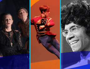 (L to R) Two women in a period drama, a male ballet dancer leaping in a red costume, and Shirley Chisholm at a microphone.